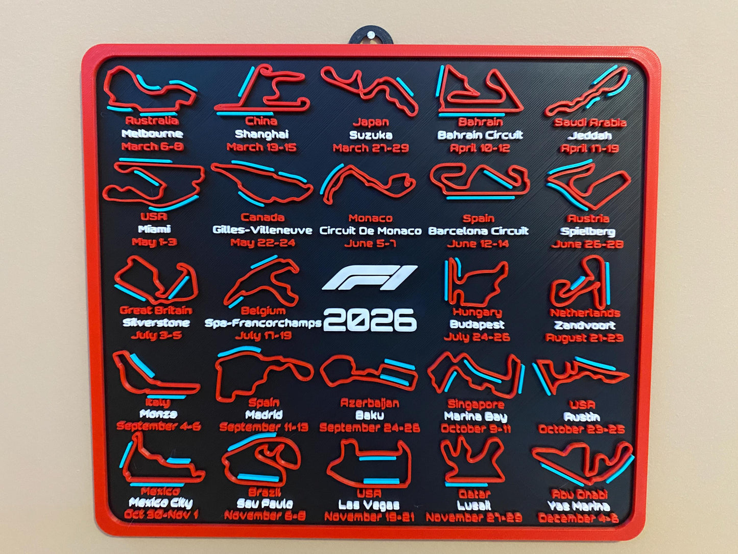 F1 3d printed racetracks with DRS zones 2026 Calander plaque