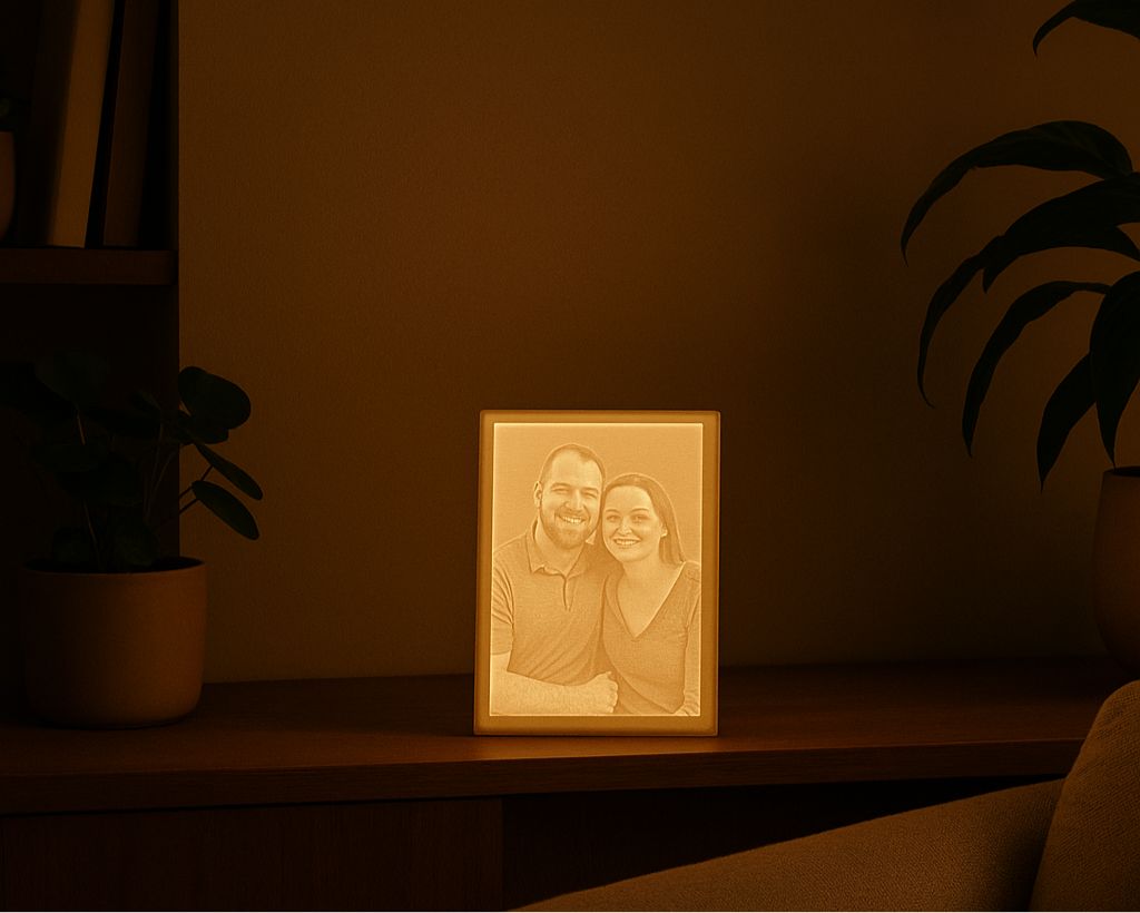Luminous photo frame with a couple's portrait on a dimly lit shelf.