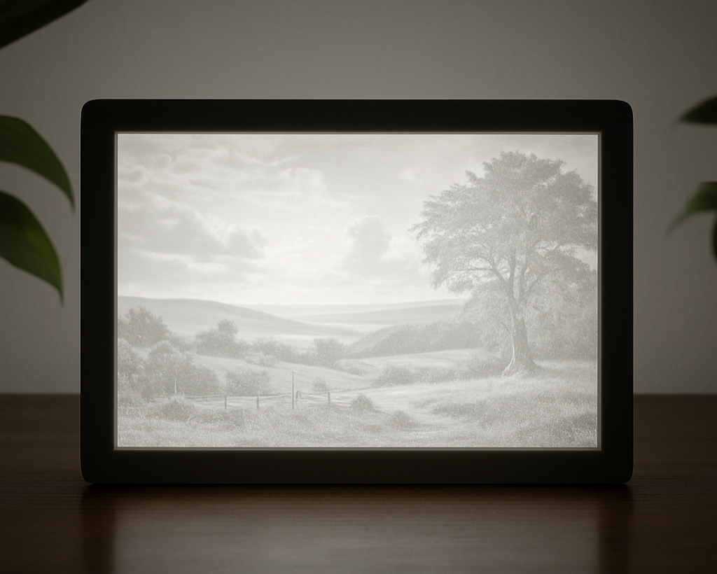 Framed black and white landscape print on a wooden surface with a plant in the background